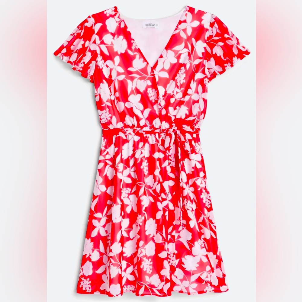 Poppy red dress, cinch waist, tulip hemmed, partial lined with flutter sleeves.